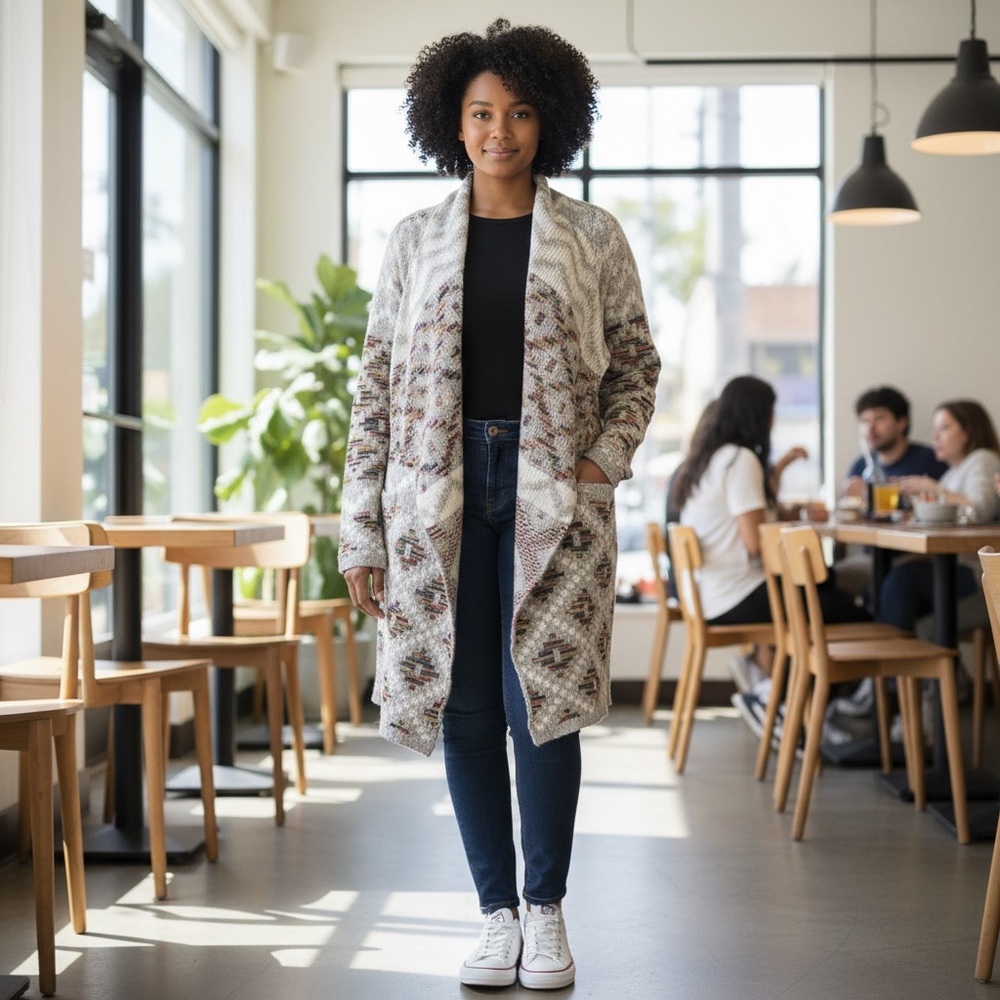 Design Lab: Geometric, Open-Front LONG Cardigan WITH POCKETS - Picture 2 of 10